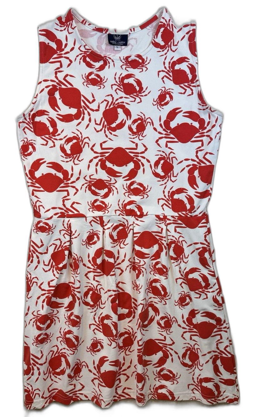 Sailor-Sailor Just Madras Boardwalk Dress L White Red Crab Pleated Nautical